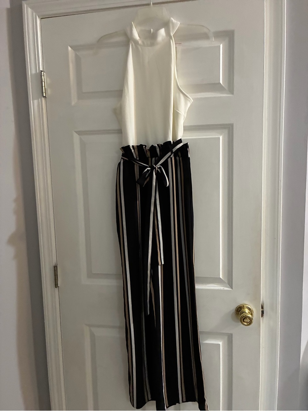 High-Neck White with Black Striped Paperbag Waist Pants